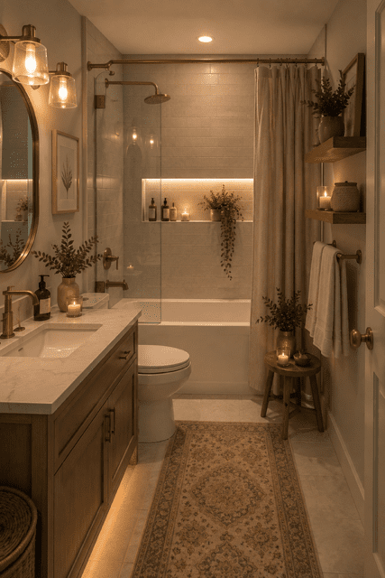 Cozy home decor ideas showing a small bathroom with warm lighting, elegant fixtures, neutral tones, greenery, and space-saving decor elements.