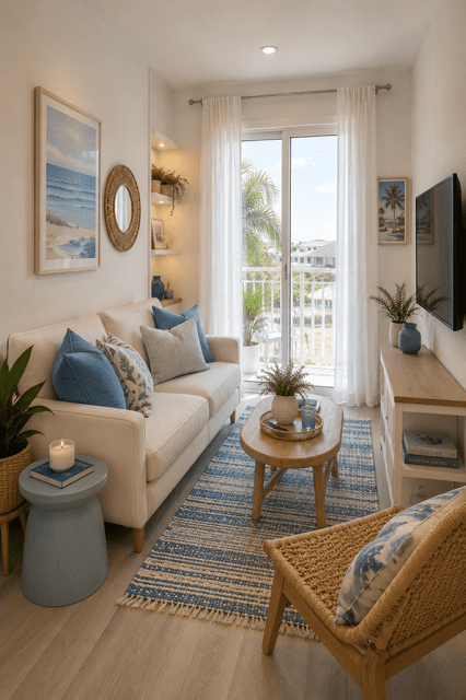 Small coastal living room with blue accents, white sofa, natural wood furniture, and large window creating a bright and airy space.