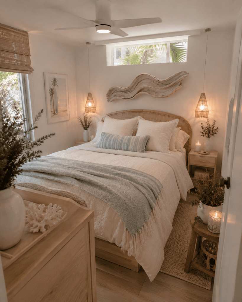 Small beach-inspired bedroom with white bedding, woven pendant lights, driftwood wall art, and soft coastal colors.