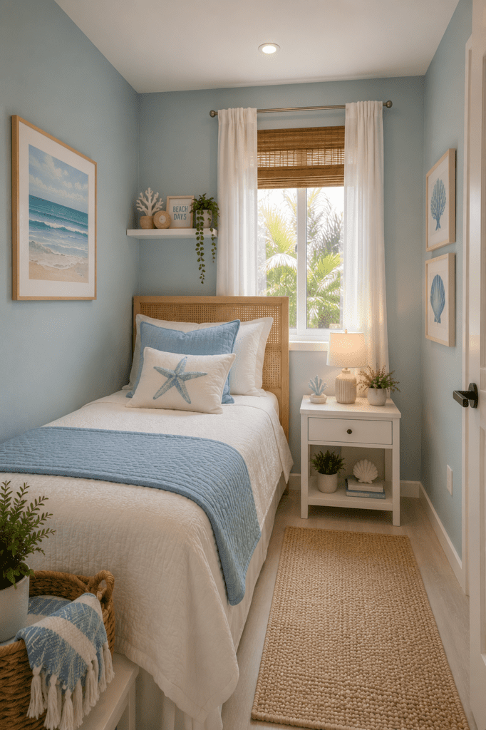 Compact guest bedroom with light blue walls, coastal artwork, woven textures, and bright natural light.