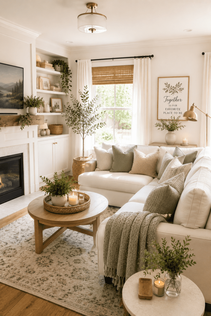 Cozy small living room with white sectional sofa, greenery, fireplace, and neutral decor designed for comfort.