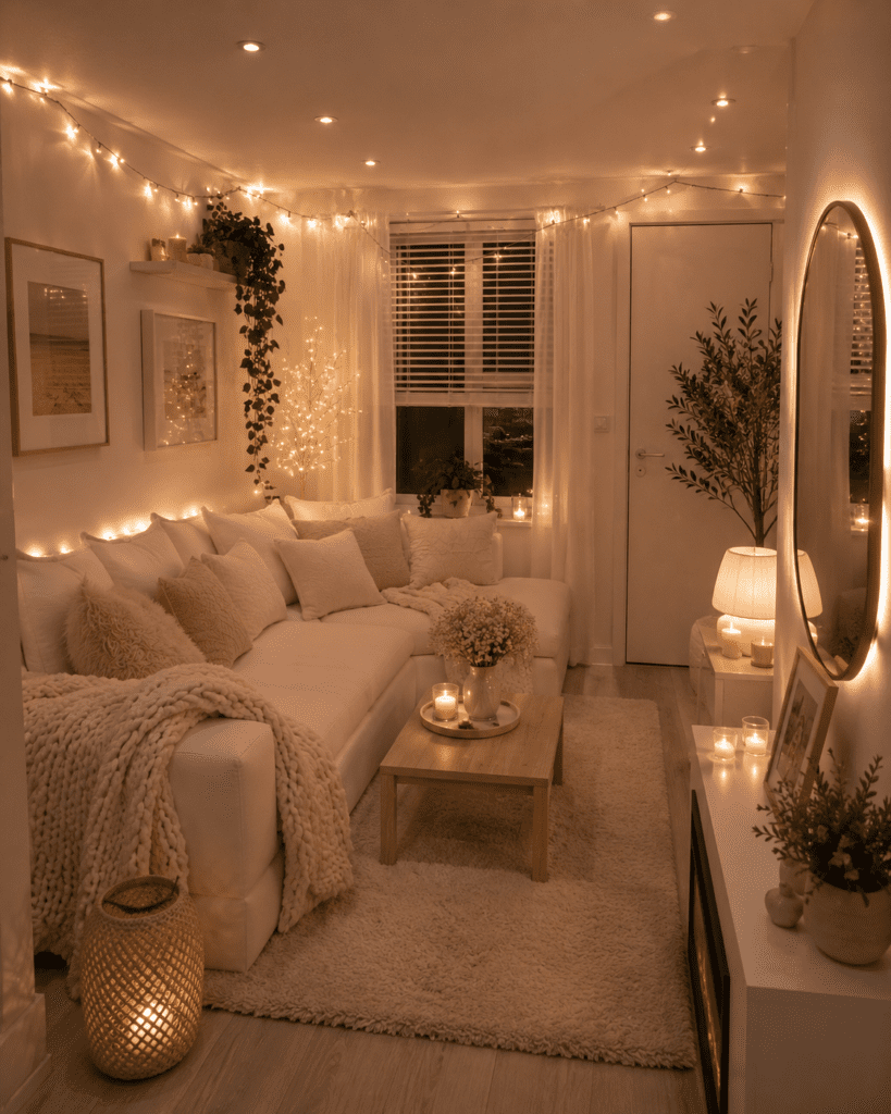 Small apartment living room with soft lighting, white furniture, candles, and warm decor creating an inviting atmosphere.