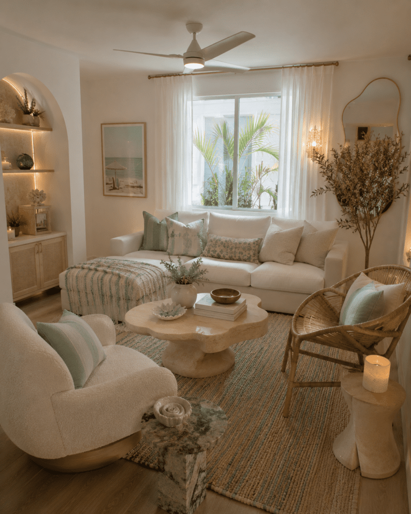 Coastal-inspired living room with white sofa, natural wood furniture, woven accents, and calming blue tones.