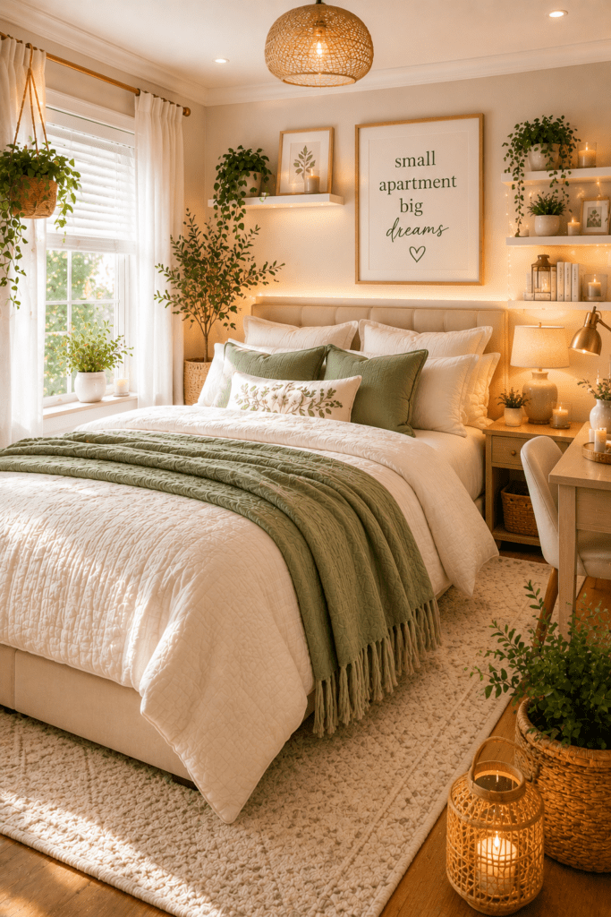 Modern apartment bedroom with layered bedding, floating shelves, greenery, and neutral color palette.