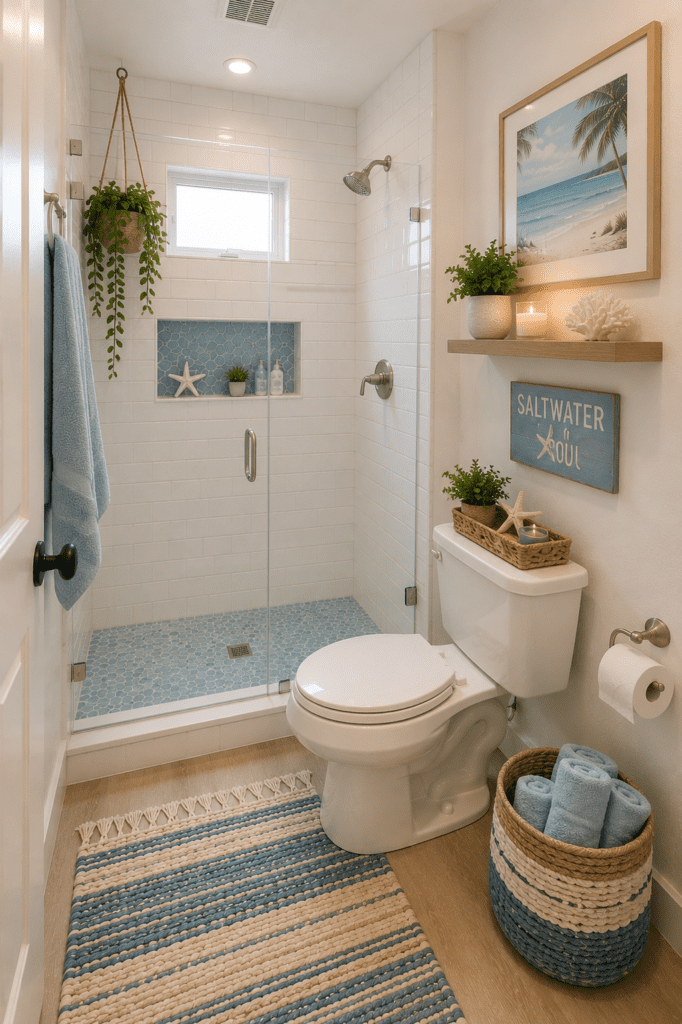 Small bathroom with walk-in shower, blue tile accents, floating shelves, and coastal-inspired decor for a fresh look.