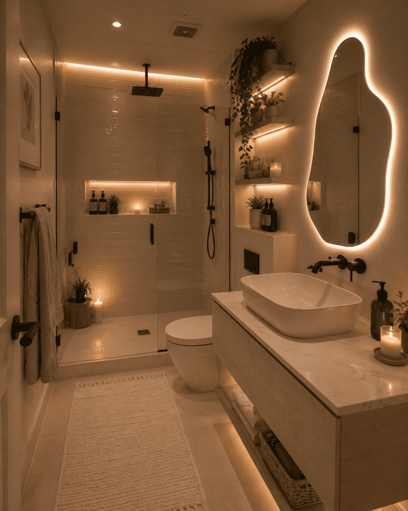 Modern small bathroom featuring LED backlit mirror, floating vanity, walk-in shower, warm lighting, and luxury spa-inspired decor.