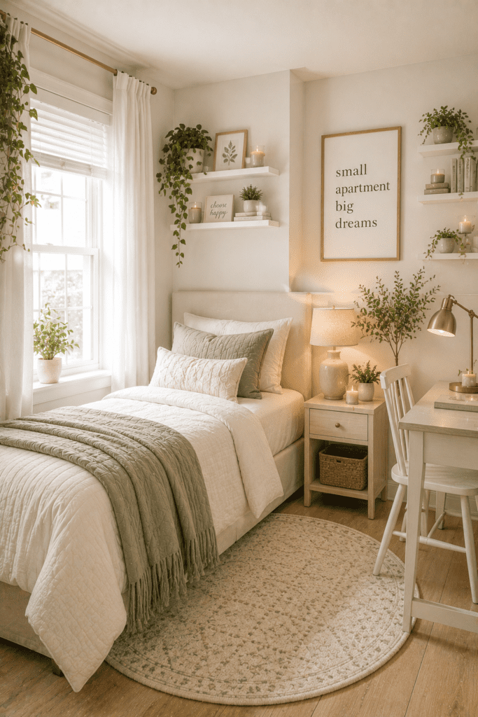 Small cozy bedroom with sage green accents, soft bedding, hanging plants, warm lighting, and minimalist decor.