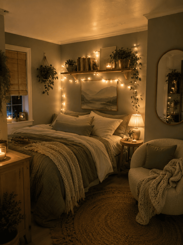 Cozy bedroom with fairy lights, layered bedding, soft textures, greenery, and warm ambient lighting for a relaxing atmosphere.