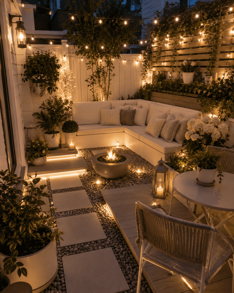 Cozy backyard patio featuring outdoor fire pit, string lights, comfortable seating, and lush greenery for evening entertaining.
