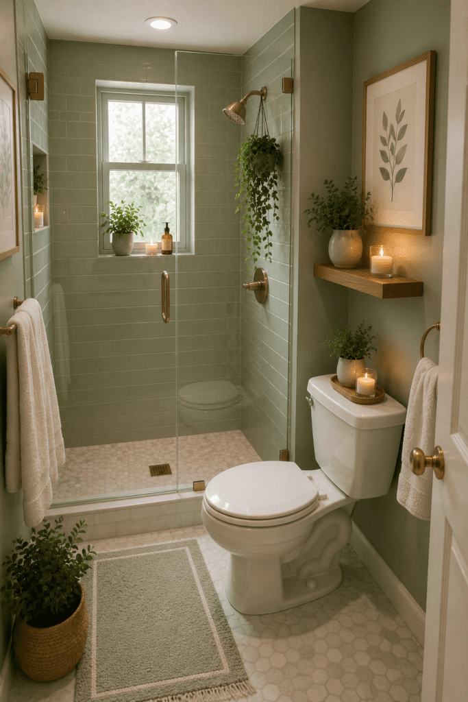 Small sage green bathroom with glass shower, floating shelves, natural decor, and modern farmhouse styling.