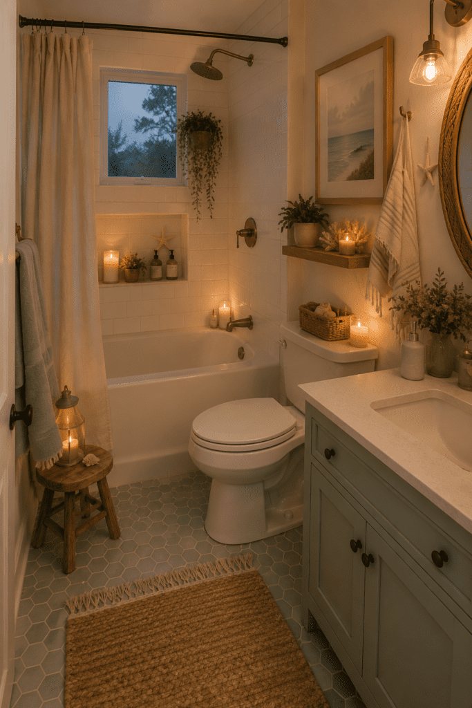 Small coastal bathroom with blue floor tiles, white vanity, candle decor, natural textures, and relaxing beach-inspired accents.