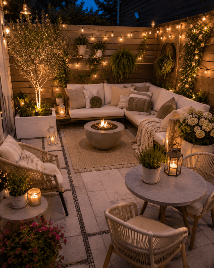 Small outdoor patio with fire bowl, string lights, comfortable seating, potted plants, and warm evening ambiance.