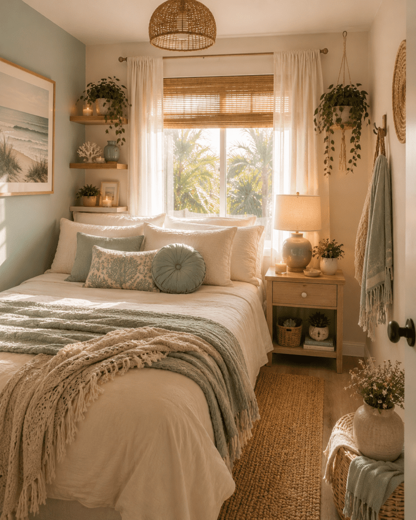 Small coastal bedroom with soft white bedding, sage green accents, woven textures, and warm natural light creating a relaxing retreat.