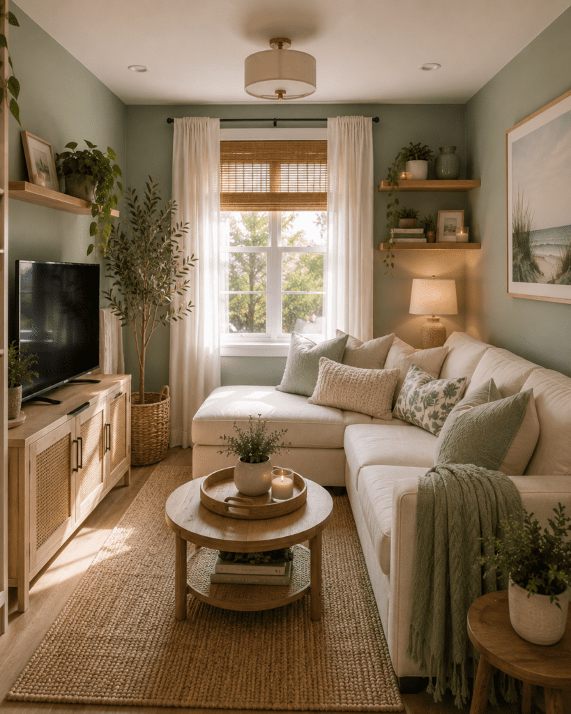 Small sage green living room with a white sectional sofa, wooden furniture, cozy throw blankets, and modern farmhouse decor.