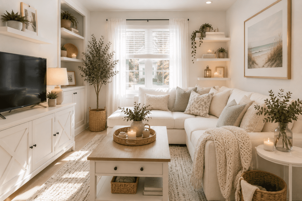 Bright coastal living room featuring a white sofa, light wood coffee table, floating shelves, and cozy neutral decor for small homes.