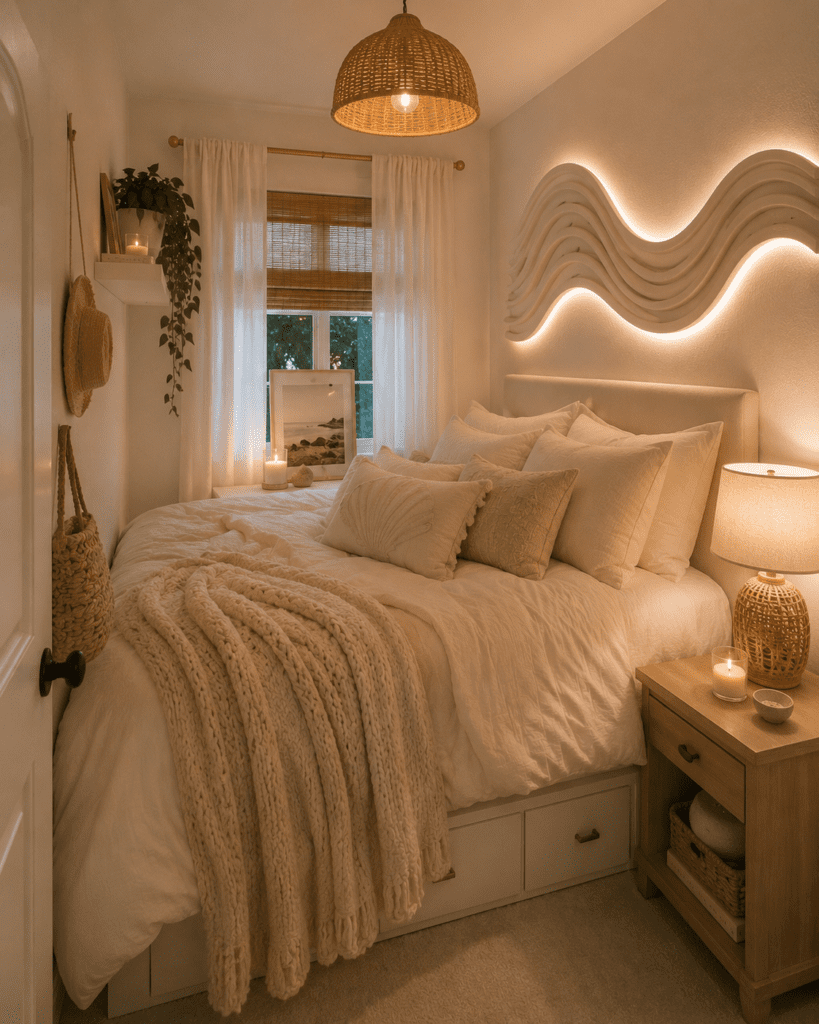 Small white bedroom featuring soft layered bedding, warm ambient lighting, unique modern wall art, and cozy decor ideas.