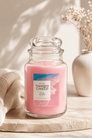 Elegant pink scented candle in a clear glass jar on a neutral beige background with soft natural lighting and minimal decor.