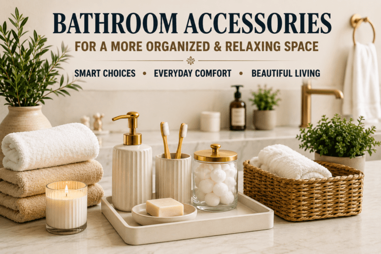 Modern bathroom accessories arranged on a countertop, featuring towels, soap dispenser, storage jars, and decorative organizers for a clean and relaxing bathroom space.
