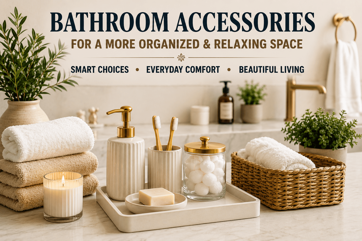 Modern bathroom accessories arranged on a countertop, featuring towels, soap dispenser, storage jars, and decorative organizers for a clean and relaxing bathroom space.