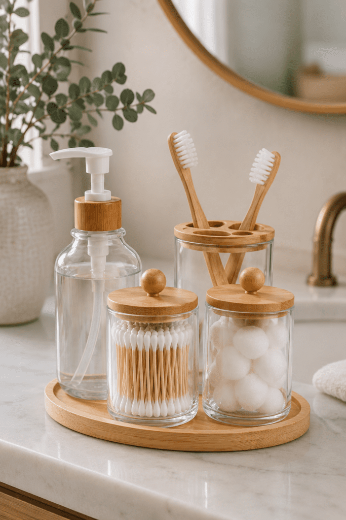 Bamboo bathroom accessory set with soap dispenser, toothbrush holder, cotton ball jars, and wooden tray on a modern vanity countertop