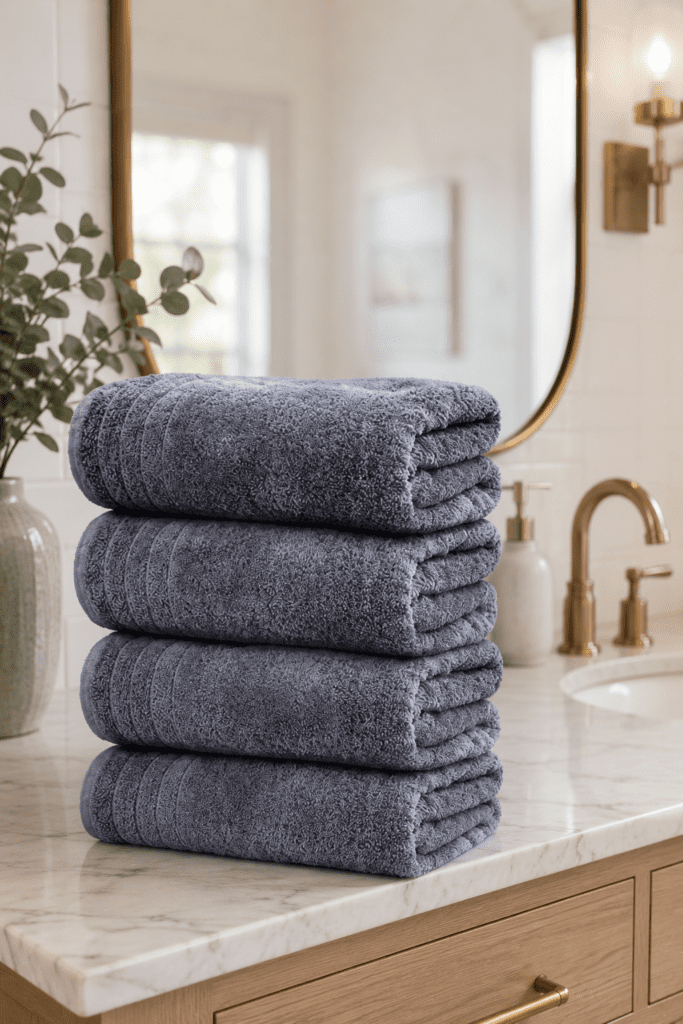 Stack of soft gray cotton bath towels displayed on a marble bathroom countertop with modern decor