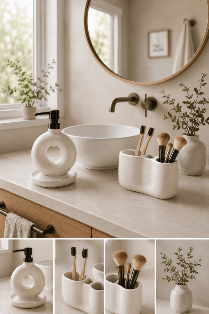 Minimalist bathroom countertop organizer with soap dispenser, toothbrush holder, makeup brushes, and decorative greenery