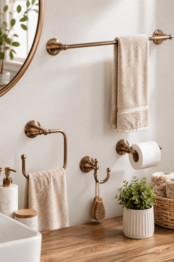 Brushed bronze bathroom accessories including towel bar, toilet paper holder, hooks, and hand towel rack
