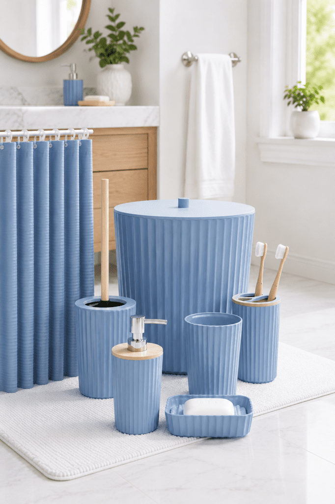 Coordinated blue bathroom accessories set with soap dispenser, toothbrush holder, waste basket, and shower curtain