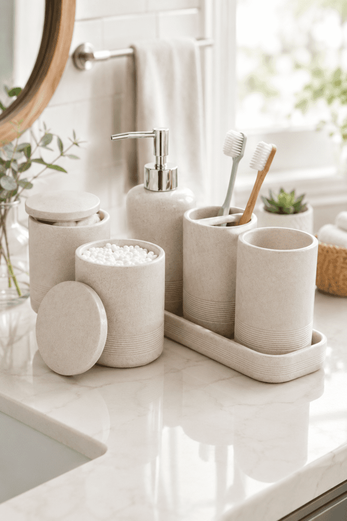 Neutral beige bathroom accessories set featuring soap dispenser, toothbrush holder, storage jar, and tray on vanity