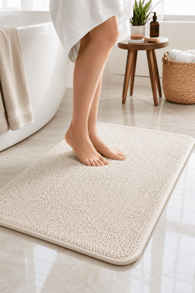 Plush lavender cotton towel set neatly folded on a bathroom countertop with fresh and airy decor
