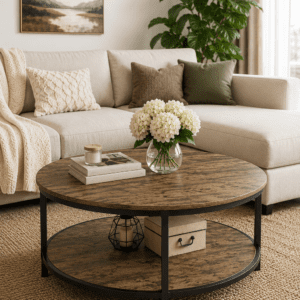 Round wooden coffee table with storage shelf in a cozy modern living room featuring neutral decor.