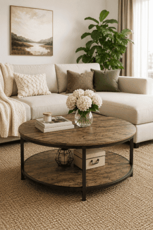 Round wooden coffee table with storage shelf in a cozy modern living room featuring neutral decor.