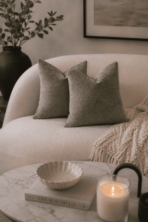 Sage green velvet decorative pillow covers on a cream sofa.