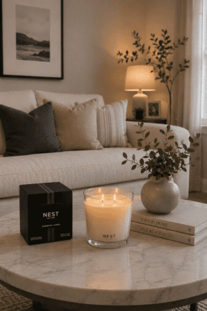 Luxury eucalyptus scented soy candle displayed on a marble coffee table.