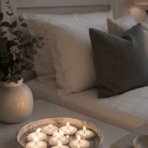 Floating tea light candles arranged in a decorative tray for cozy home decor.