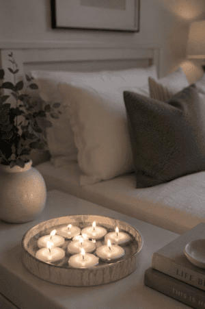 Floating tea light candles arranged in a decorative tray for cozy home decor.