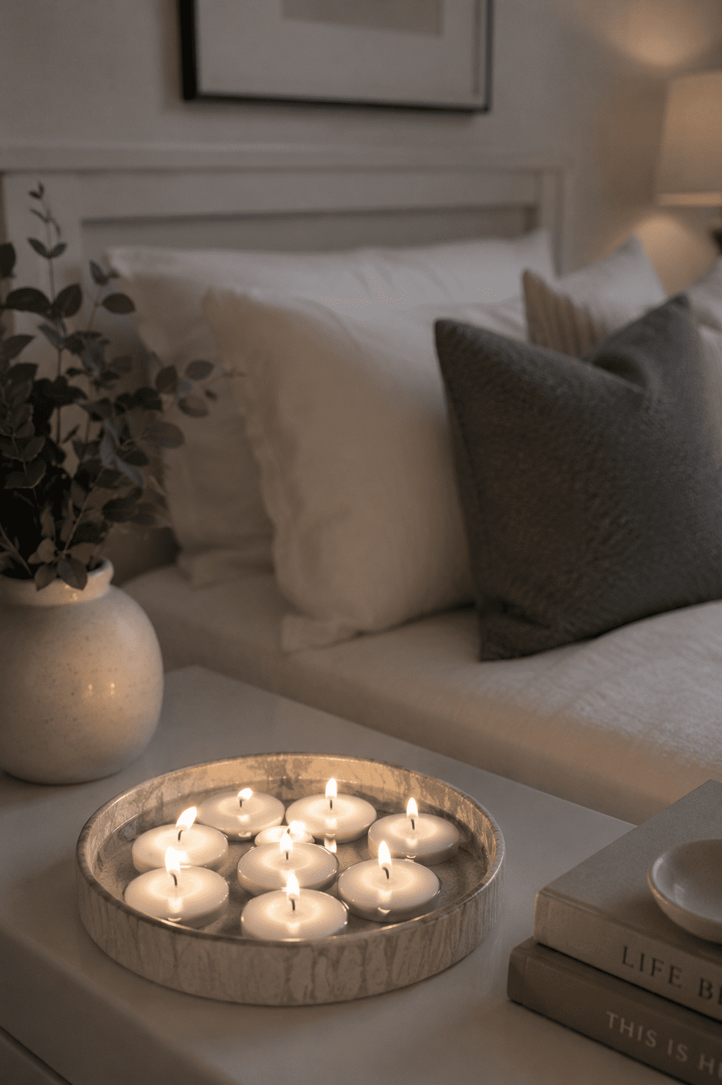 Floating tea light candles arranged in a decorative tray for cozy home decor.