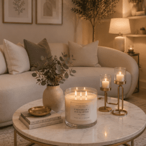 Luxury soy candle glowing on a marble coffee table in a cozy living room.