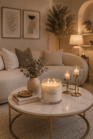 Luxury soy candle glowing on a marble coffee table in a cozy living room.