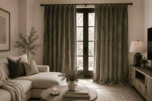 Sage green velvet blackout curtains hanging in a modern cozy living room.