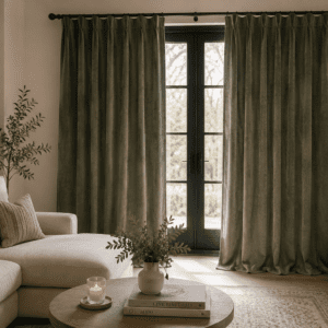 Sage green velvet blackout curtains hanging in a modern cozy living room.