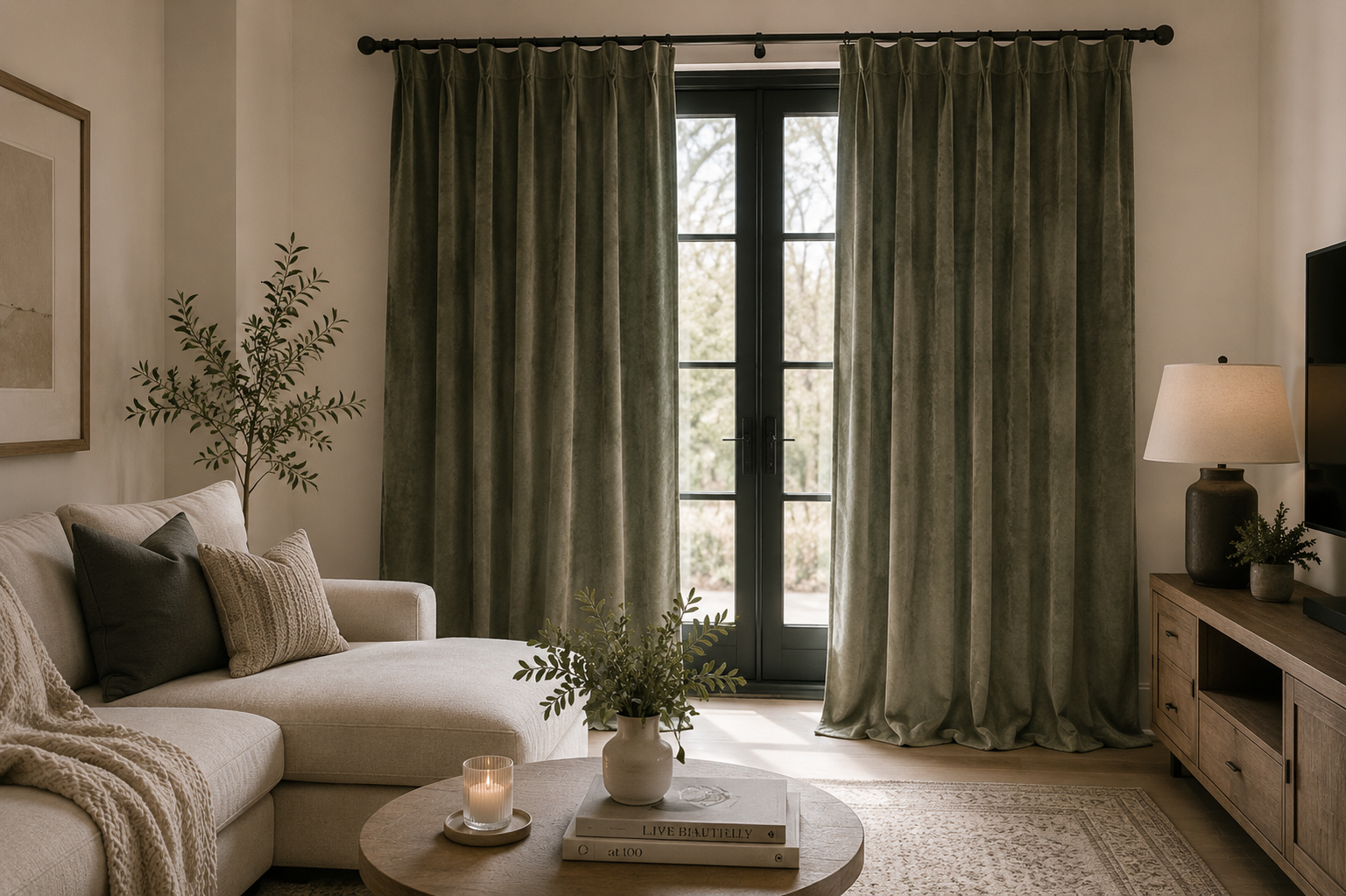 Sage green velvet blackout curtains hanging in a modern cozy living room.