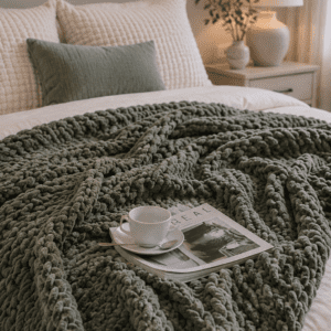 Soft sage green chunky knit throw blanket styled on a cozy bed.