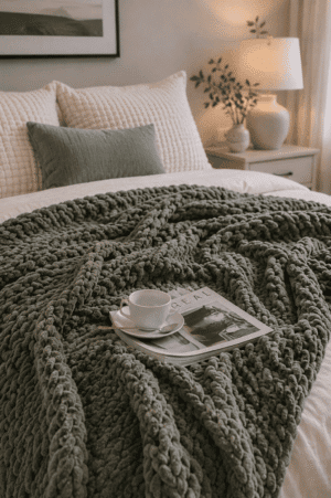 Soft sage green chunky knit throw blanket styled on a cozy bed.