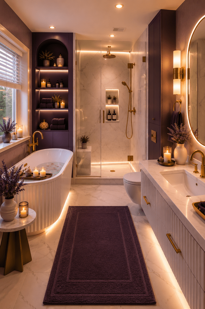 Cozy bathroom ideas featuring a luxury freestanding tub, marble shower, purple cabinetry, candles, and elegant ambient lighting.