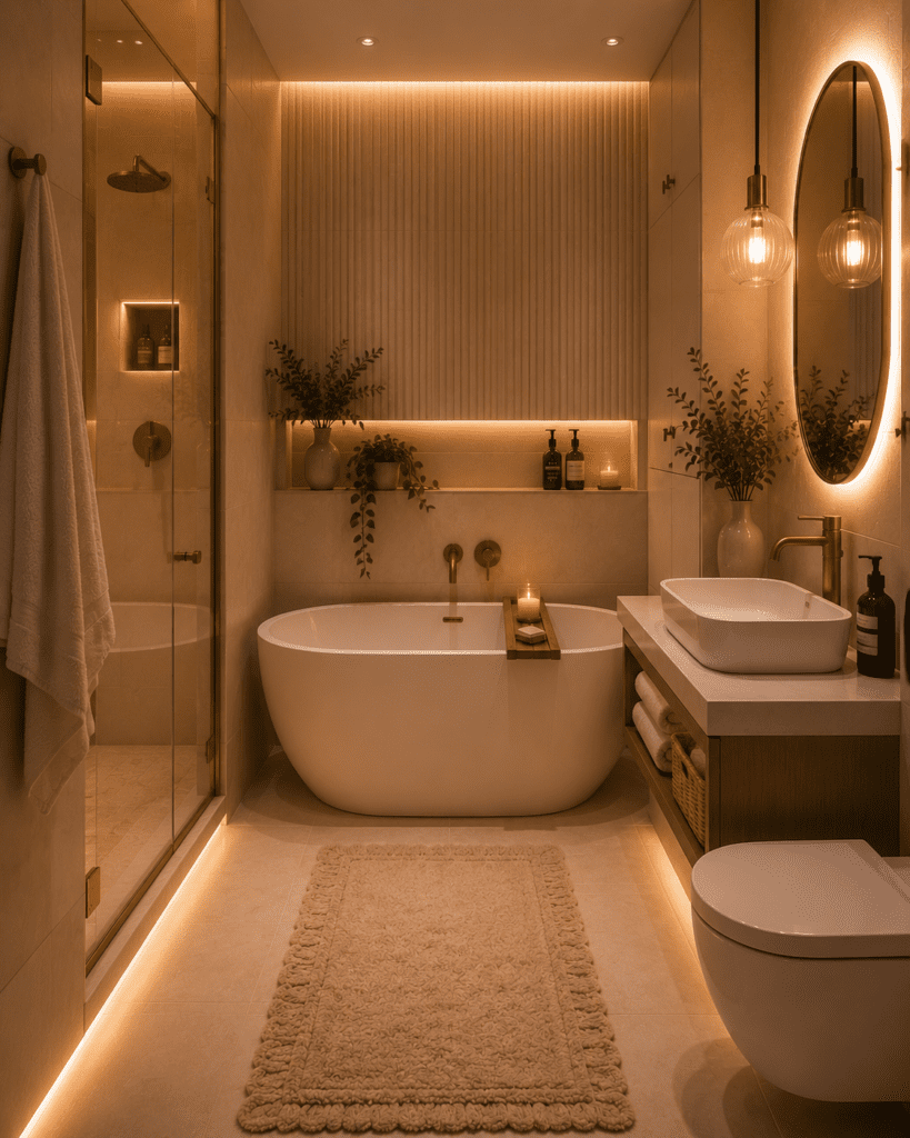 Cozy bathroom ideas with a modern freestanding bathtub, floating vanity, warm LED lighting, neutral decor, and elegant bathroom styling.