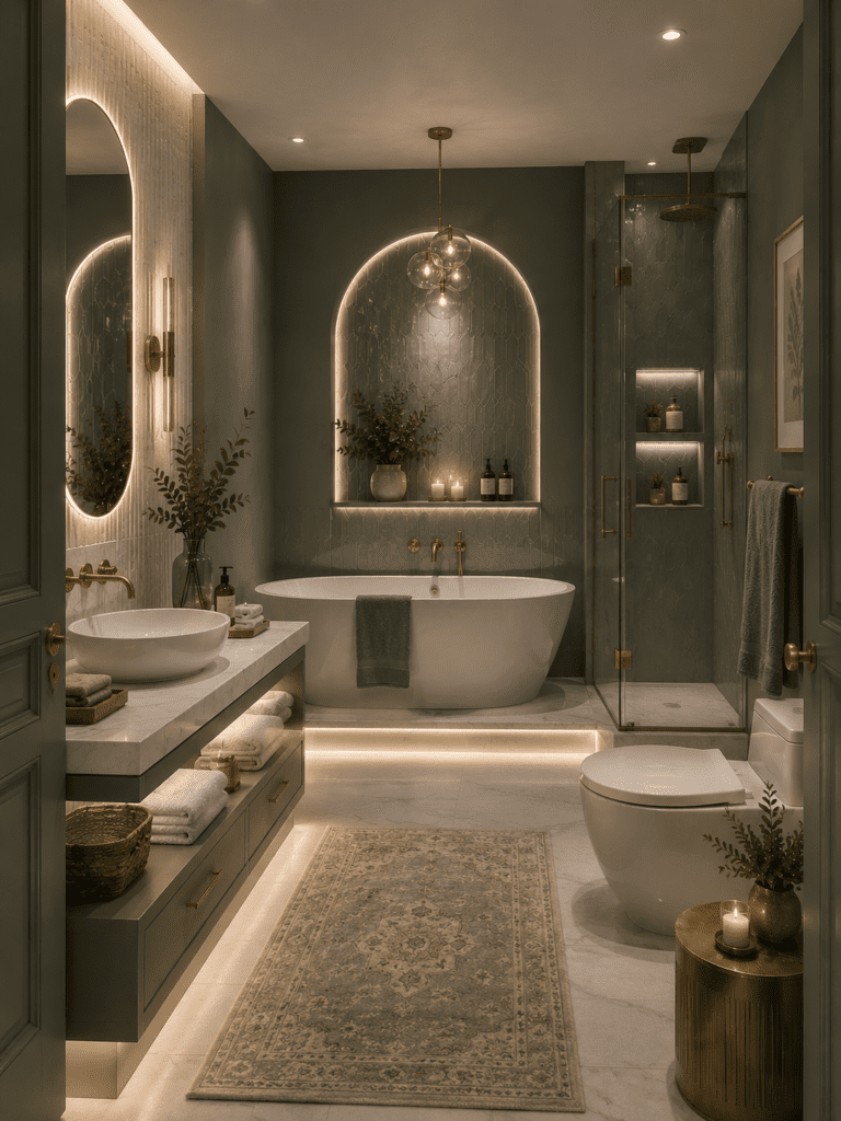Cozy bathroom ideas featuring sage green walls, freestanding bathtub, floating vanity, glass shower, and elegant spa-inspired bathroom decor.