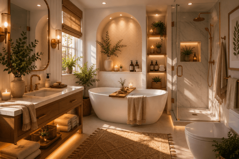 Luxury cozy bathroom featuring a freestanding soaking tub, marble walk-in shower, warm wood vanity, brass fixtures, soft natural light, candles, plush towels, and lush greenery for a spa-inspired retreat.
