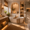 Luxury cozy bathroom featuring a freestanding soaking tub, marble walk-in shower, warm wood vanity, brass fixtures, soft natural light, candles, plush towels, and lush greenery for a spa-inspired retreat.