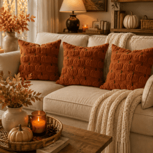 Cream living room decorated with cozy pumpkin throw pillows, knit blanket, candles, and warm autumn home decor.